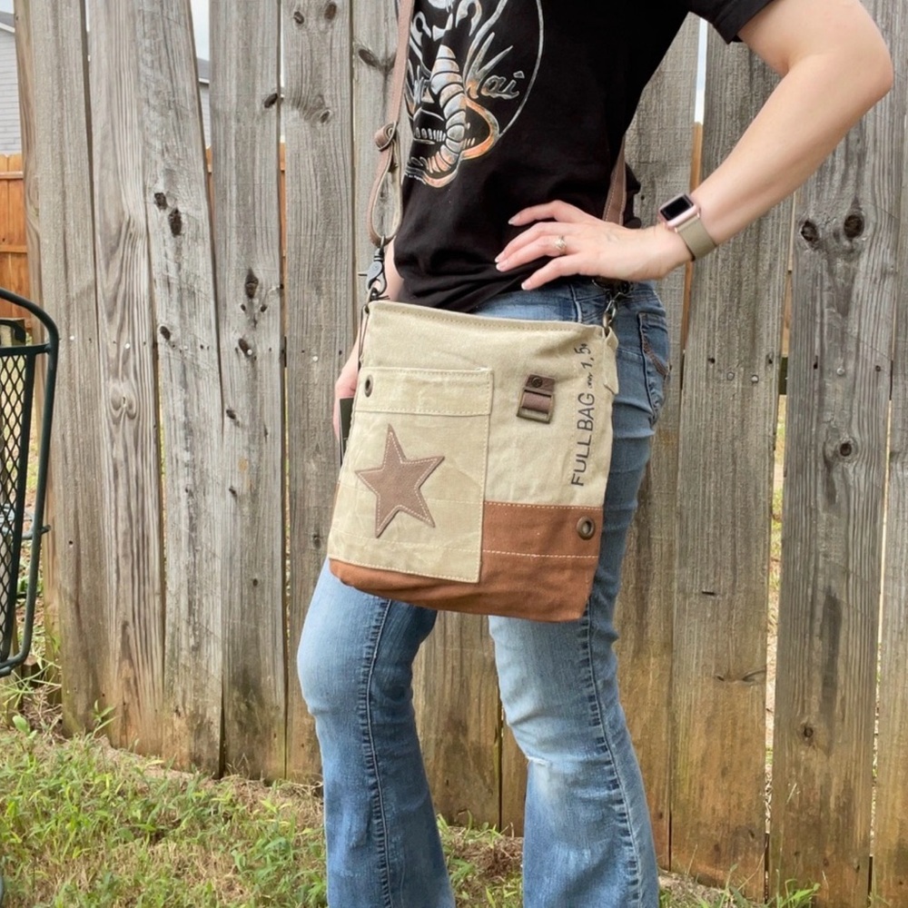 Myra Bag Leather Star Tan and Brown Crossbody Canvas and Leather New With Tags - Picture 2 of 11